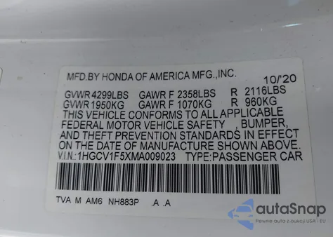 2021 Honda Accord Ex-L from USA, damaged, VIN 1HGCV1F5XMA009023